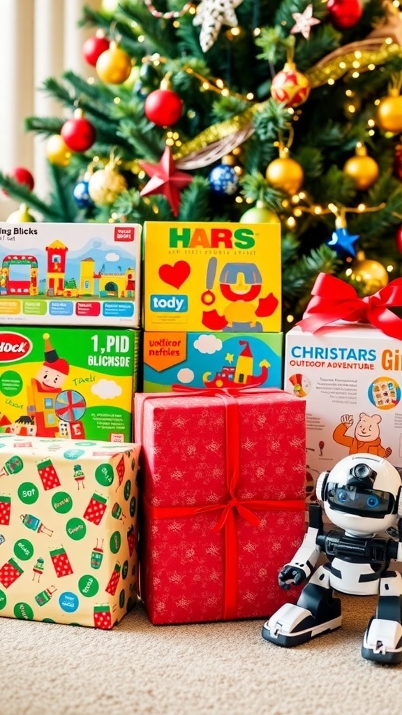 A collection of Christmas gifts for kids including toys and games, beautifully arranged under a Christmas tree.